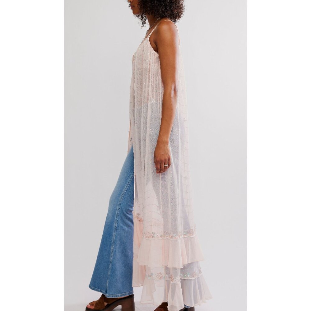 Free People Sheer Blush Pink Embroidered Long Chemise - Picture 3 of 6
